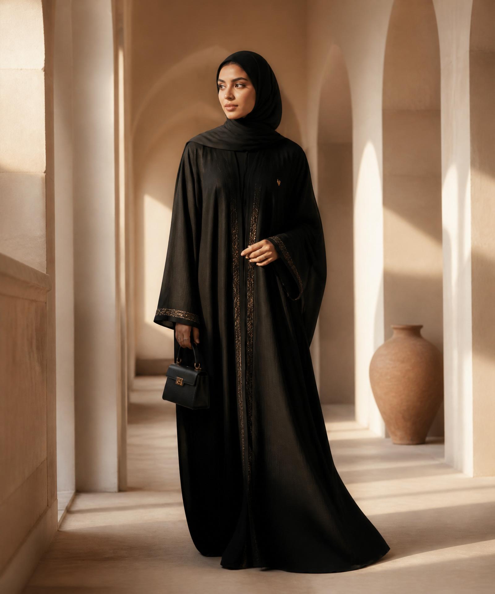 Modest woman wearing a premium black Zaam abaya in a warm arched interior